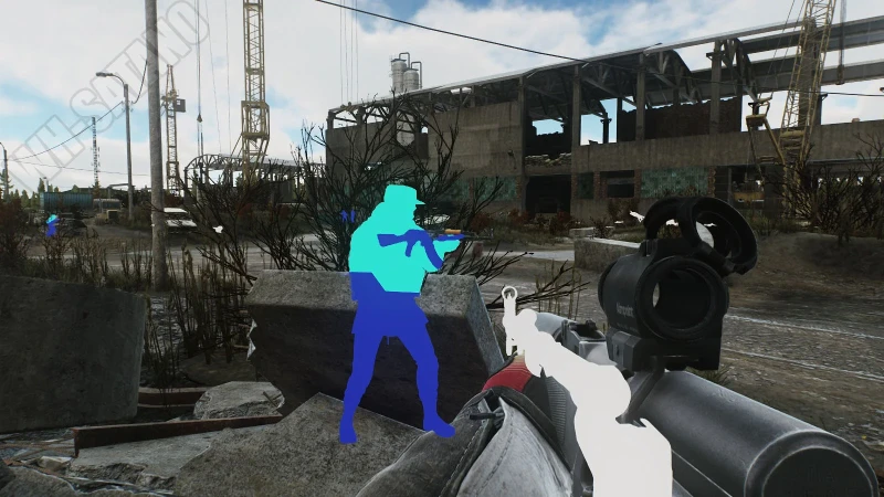 Escape from Tarkov ESP chams — cyan and blue player silhouette through cover on Customs
