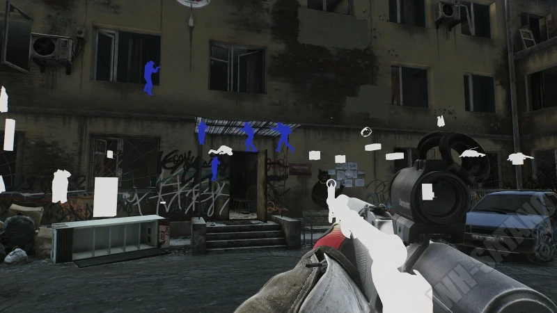 Escape from Tarkov wallhack ESP — blue player outlines through apartment walls in an urban raid